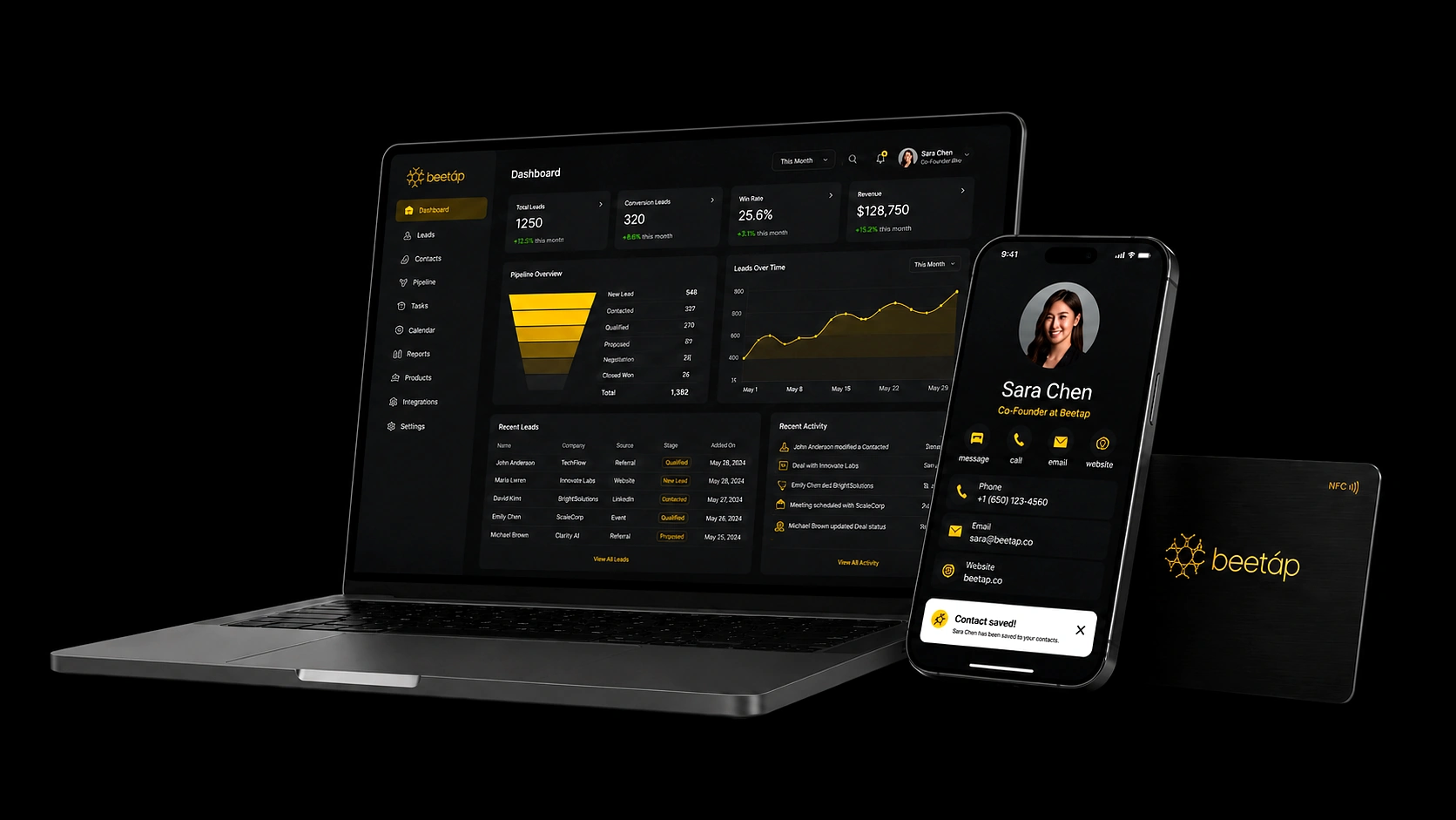 The beetáp dashboard on a laptop, the app on a phone, and the NFC card